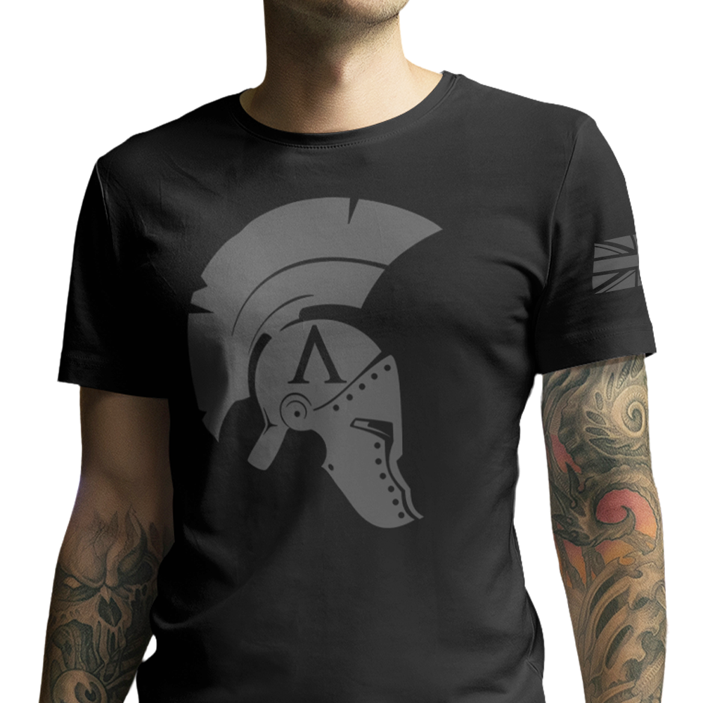 Front view of man wearing Black short sleeve classic cotton unisex fit T-Shirt by Achilles Tactical Clothing Brand with screen printed Icon design