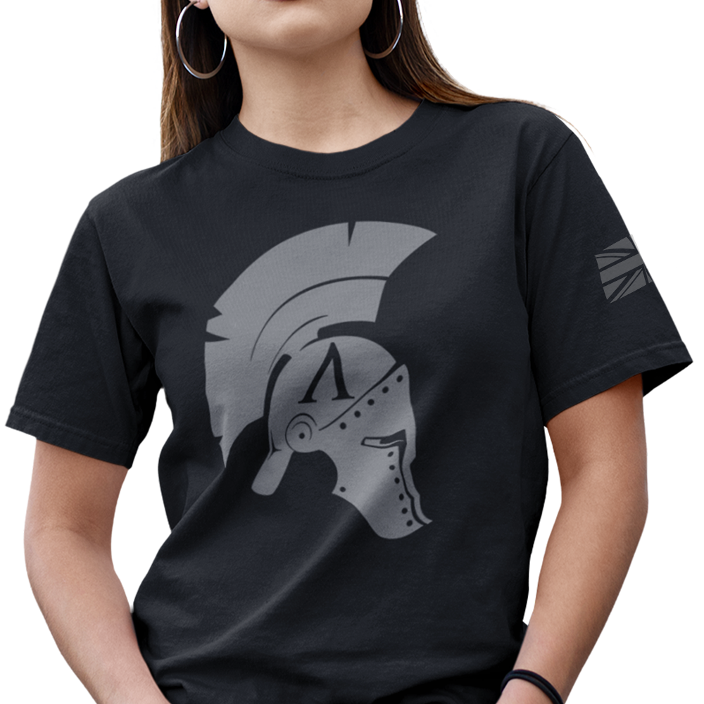 Front view of woman wearing Black short sleeve classic cotton unisex fit T-Shirt by Achilles Tactical Clothing Brand with screen printed Icon design