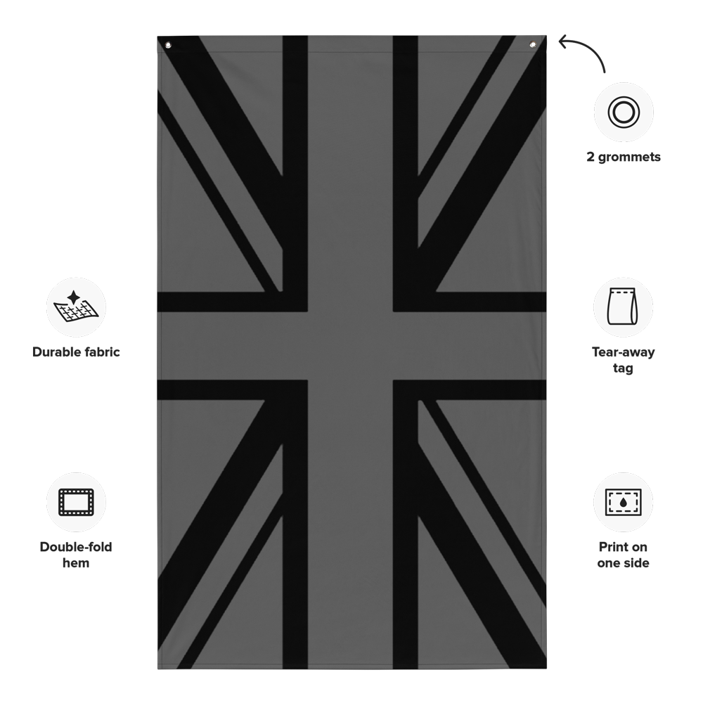 Front view of all over print vertical banner flag from Achilles Tactical Clothing Brand with Grey Union Flag design with details