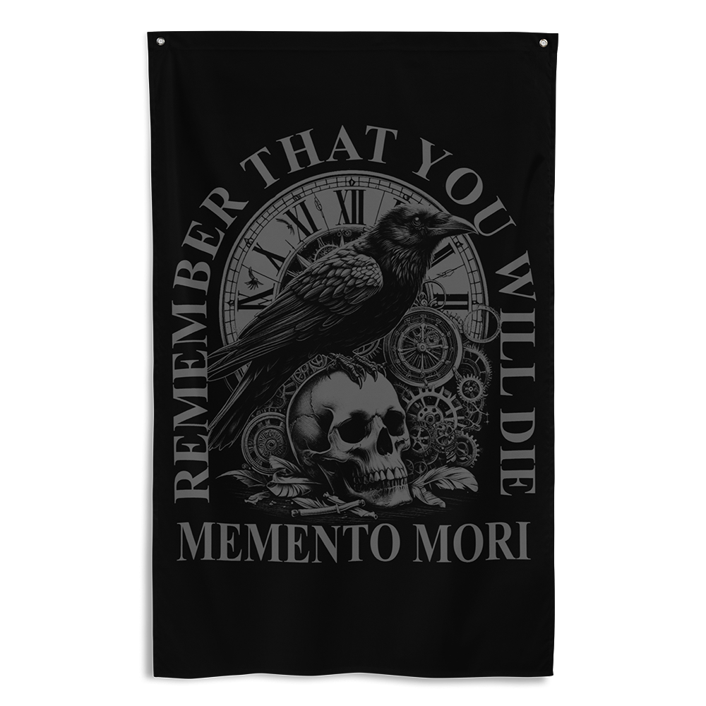 Front view of all over print vertical banner flag from Achilles Tactical Clothing Brand with Memento Mori design