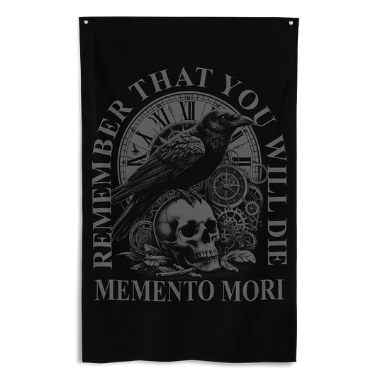 Front view of all over print vertical banner flag from Achilles Tactical Clothing Brand with Memento Mori design