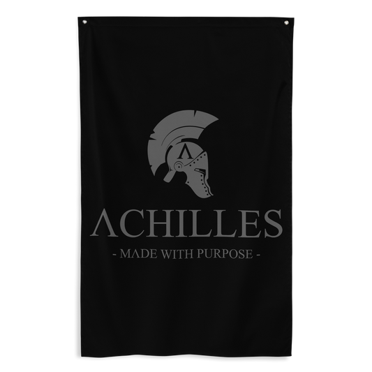 Front view of all over print vertical banner flag from Achilles Tactical Clothing Brand with Signature design