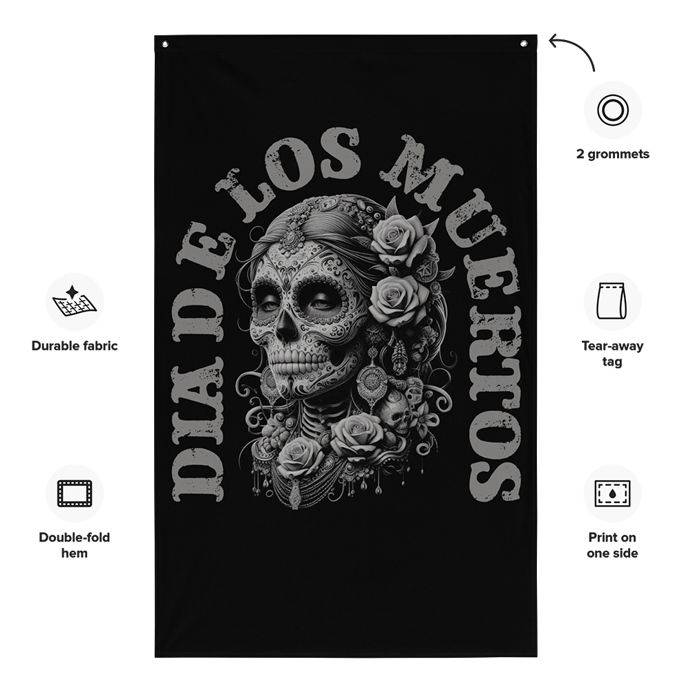 Front view of all over print vertical banner flag from Achilles Tactical Clothing Brand with Dia De Los Muertos design with details