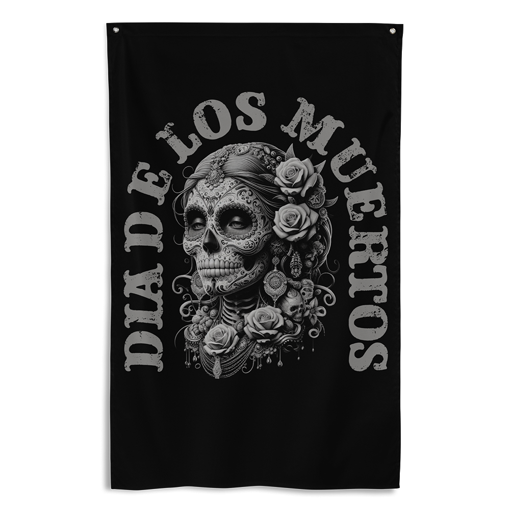 Front view of all over print vertical banner flag from Achilles Tactical Clothing Brand with Dia De Los Muertos design