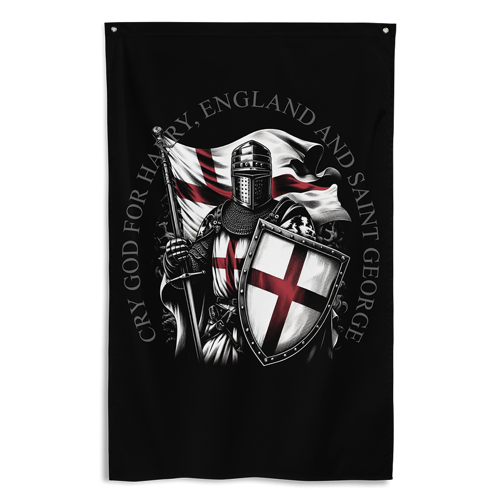 Front view of all over print vertical banner flag from Achilles Tactical Clothing Brand with For Saint George design