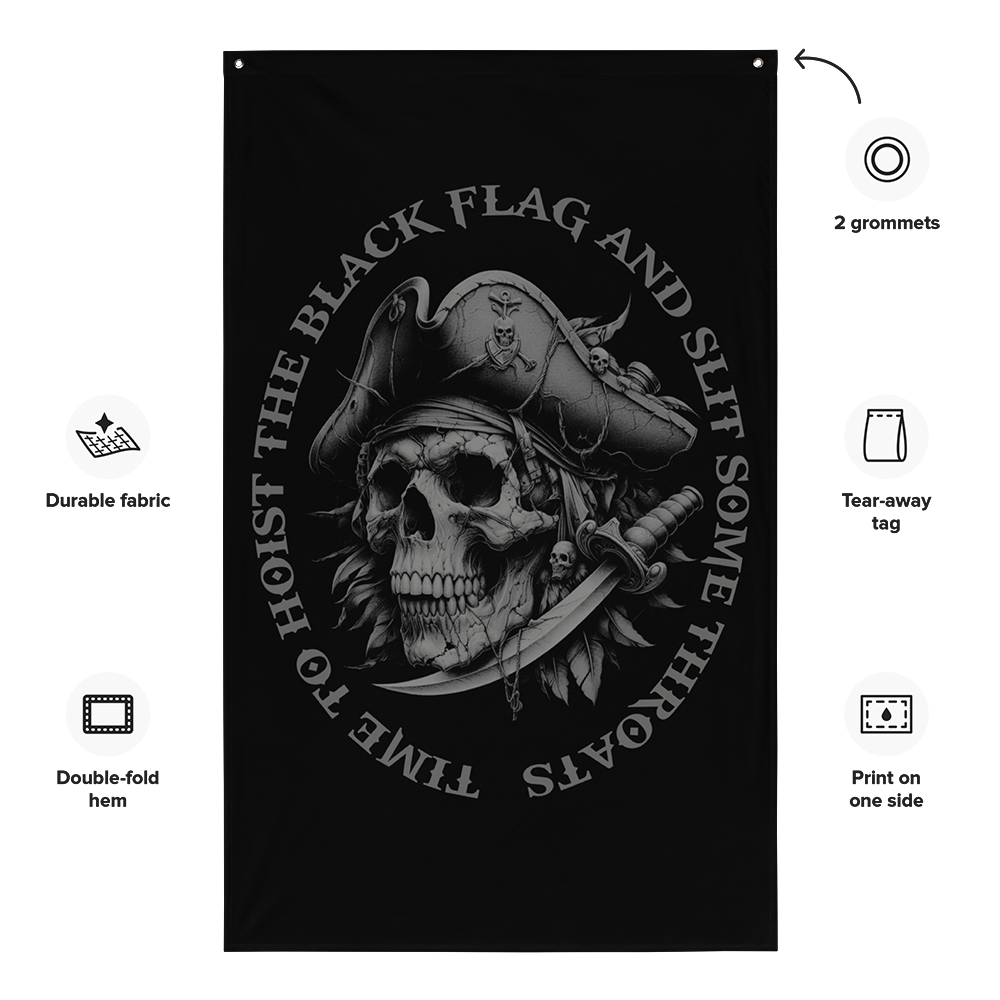 Front view of all over print vertical banner flag from Achilles Tactical Clothing Brand with Raise the black flag design with details