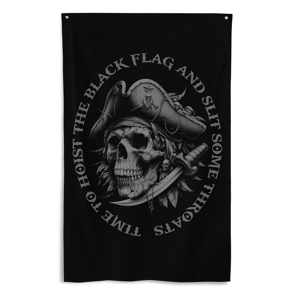 Front view of all over print vertical banner flag from Achilles Tactical Clothing Brand with Raise the black flag design