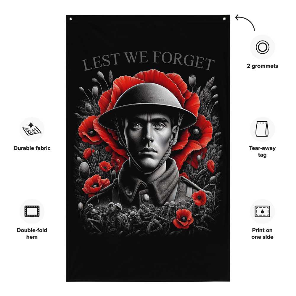 Front view of all over print vertical banner flag from Achilles Tactical Clothing Brand with Lest we forget design with details