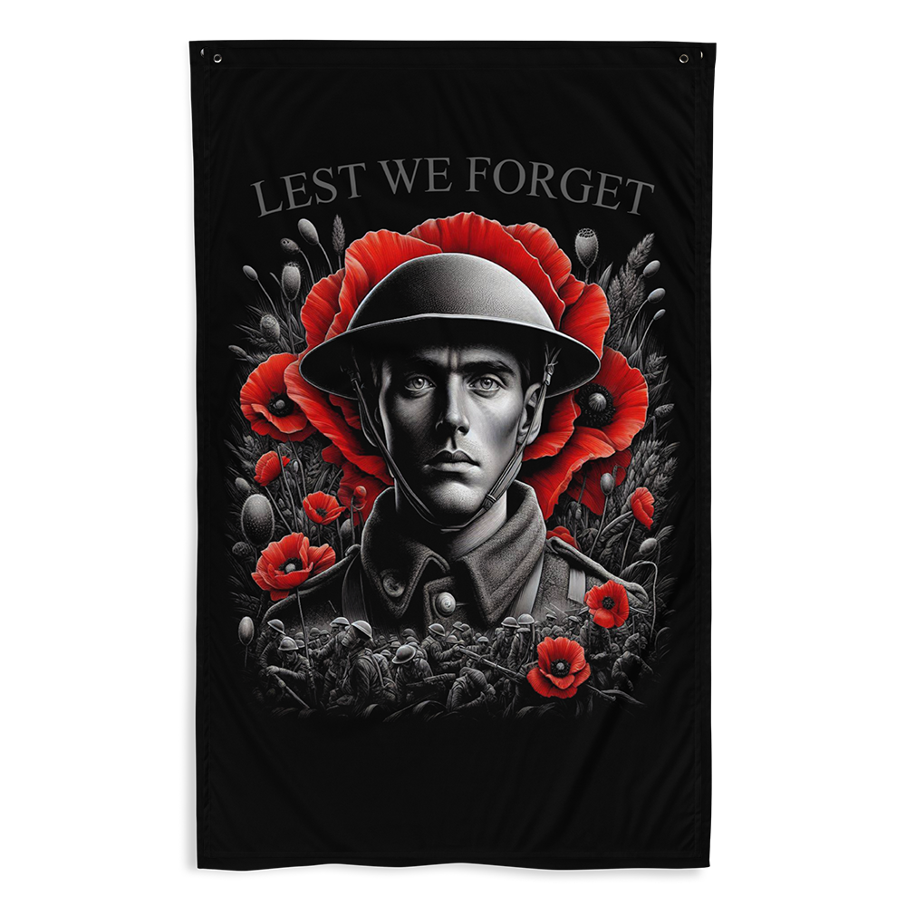 Front view of all over print vertical banner flag from Achilles Tactical Clothing Brand with Lest we forget design