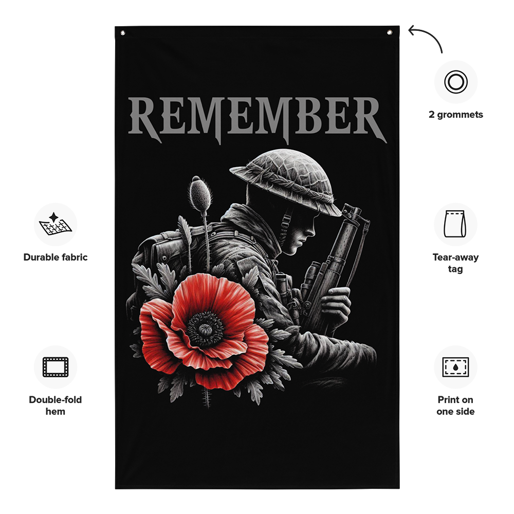 Front view of all over print vertical banner flag from Achilles Tactical Clothing Brand with Remember poppy design with details