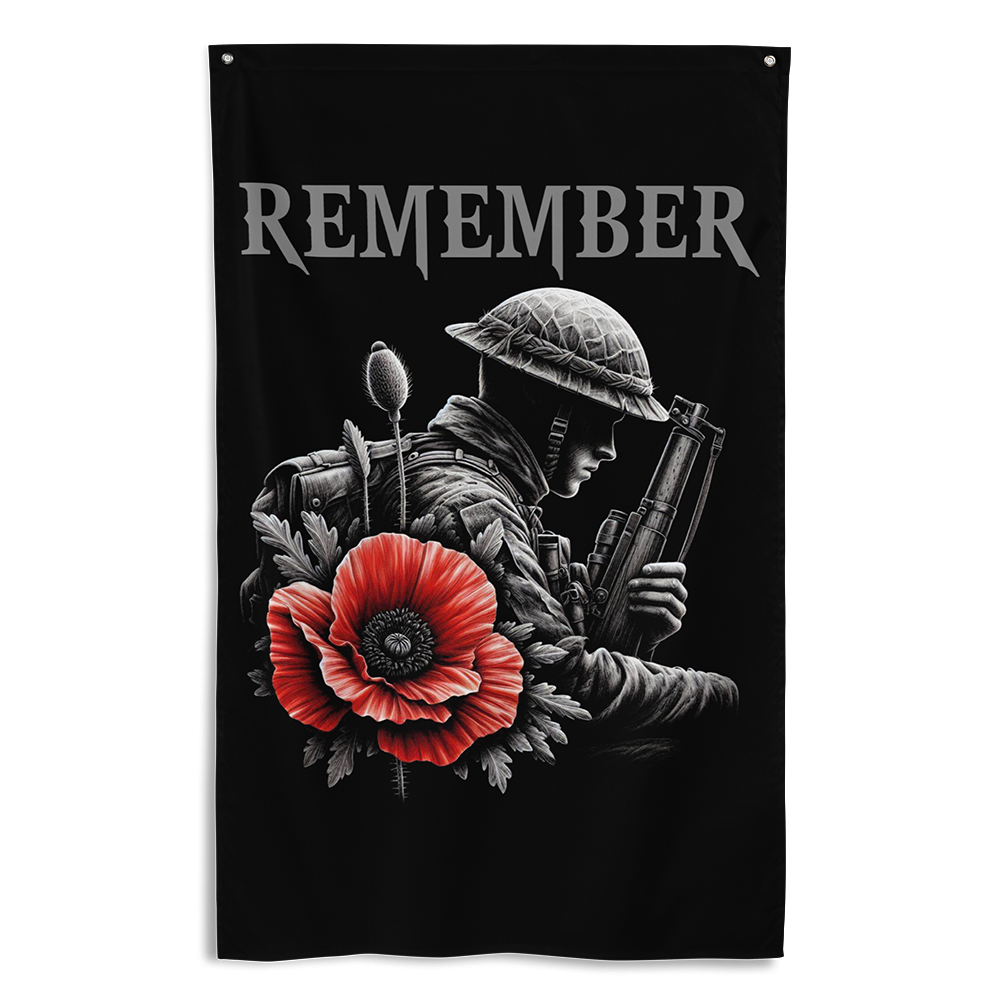 Front view of all over print vertical banner flag from Achilles Tactical Clothing Brand with Remember poppy design