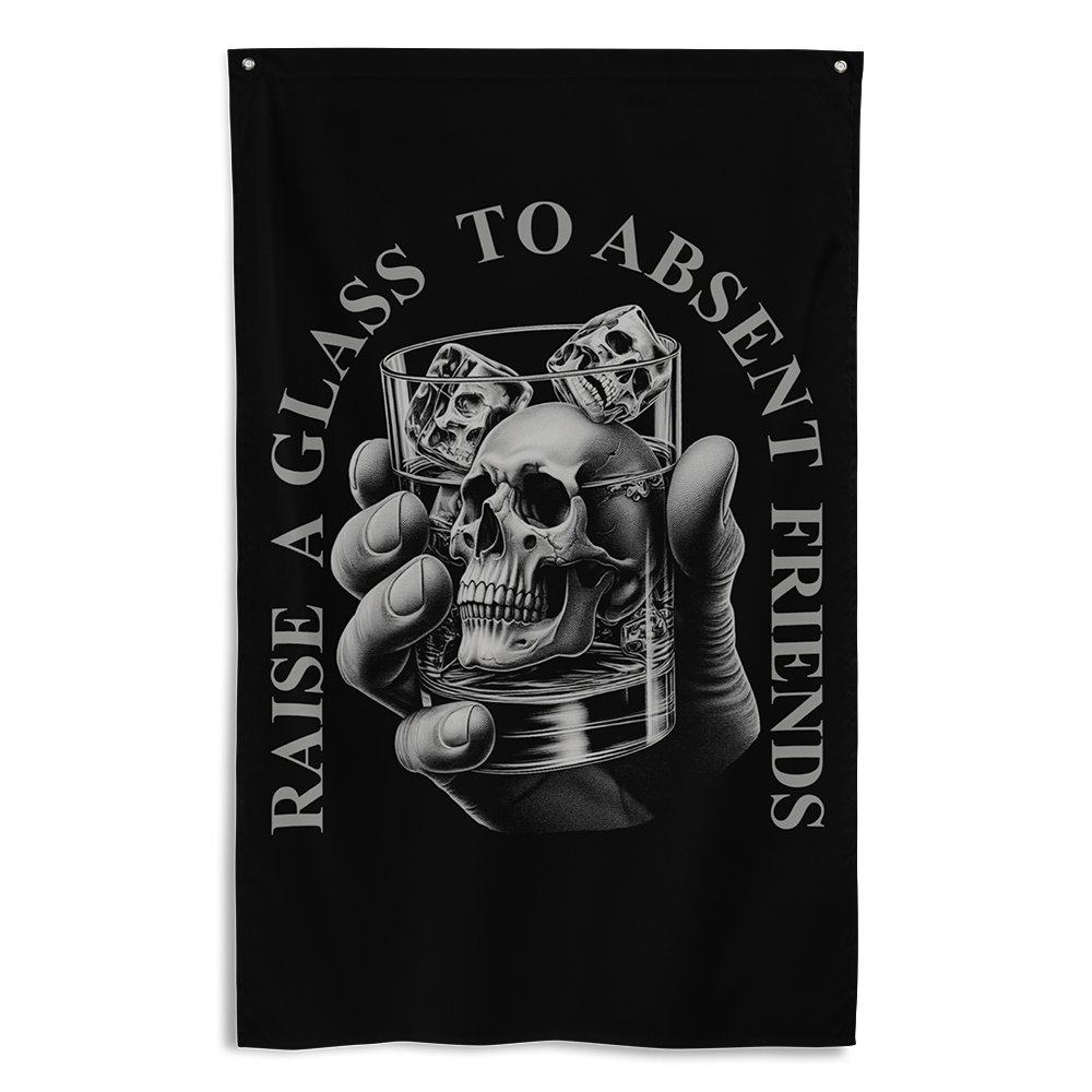 Front view of all over print vertical banner flag from Achilles Tactical Clothing Brand with To Absent Friends design