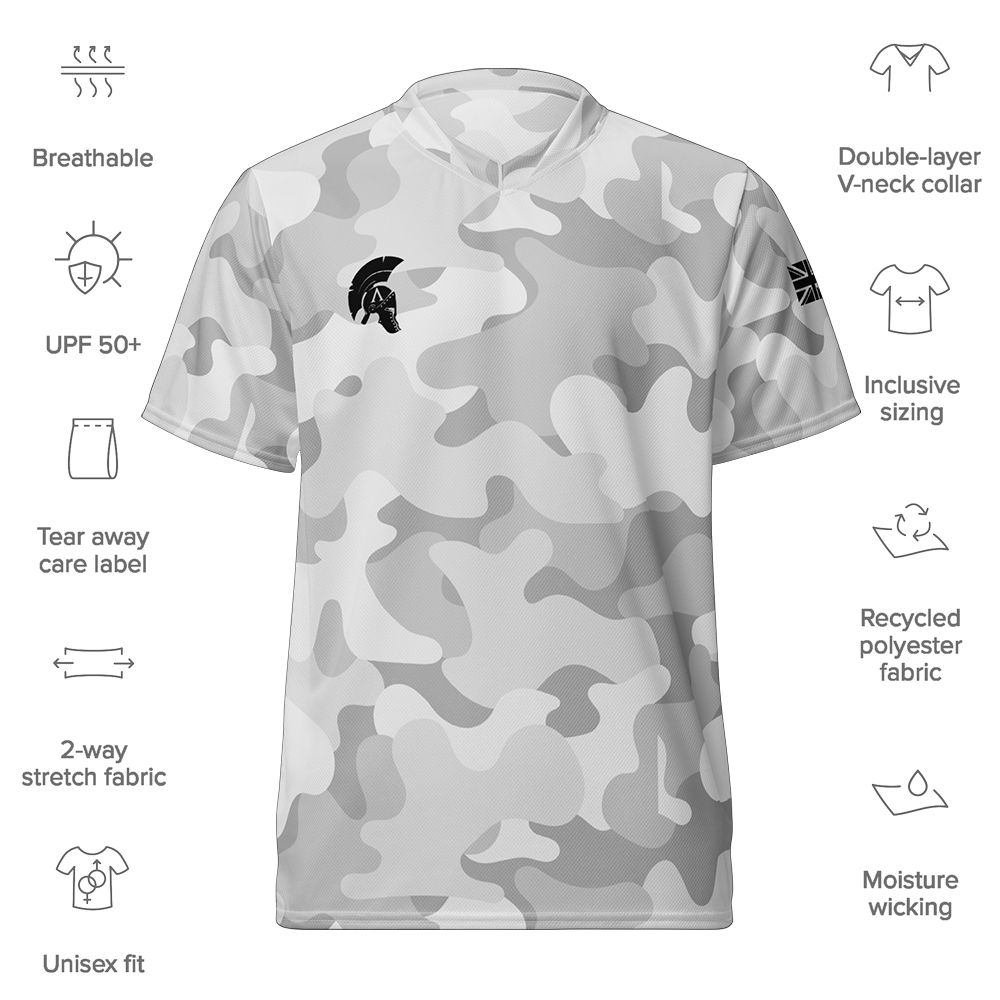 Front view of arctic camo short sleeve unisex fit Performance Jersey by Achilles Tactical Clothing Brand with details