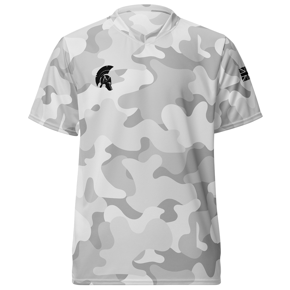 Front view of arctic camo short sleeve unisex fit Performance Jersey by Achilles Tactical Clothing Brand