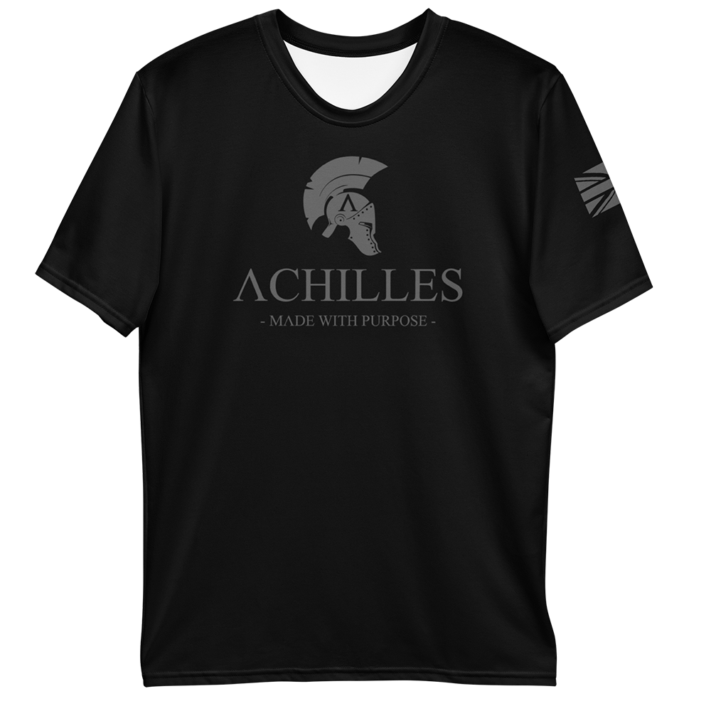 Front view of Black short sleeve unisex fit athletic Tee by Achilles Tactical Clothing Brand printed with Signature design across chest