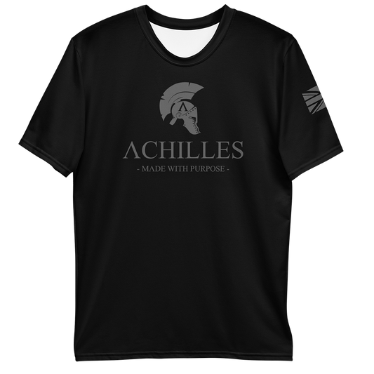 Front view of Black short sleeve unisex fit athletic Tee by Achilles Tactical Clothing Brand printed with Signature design across chest