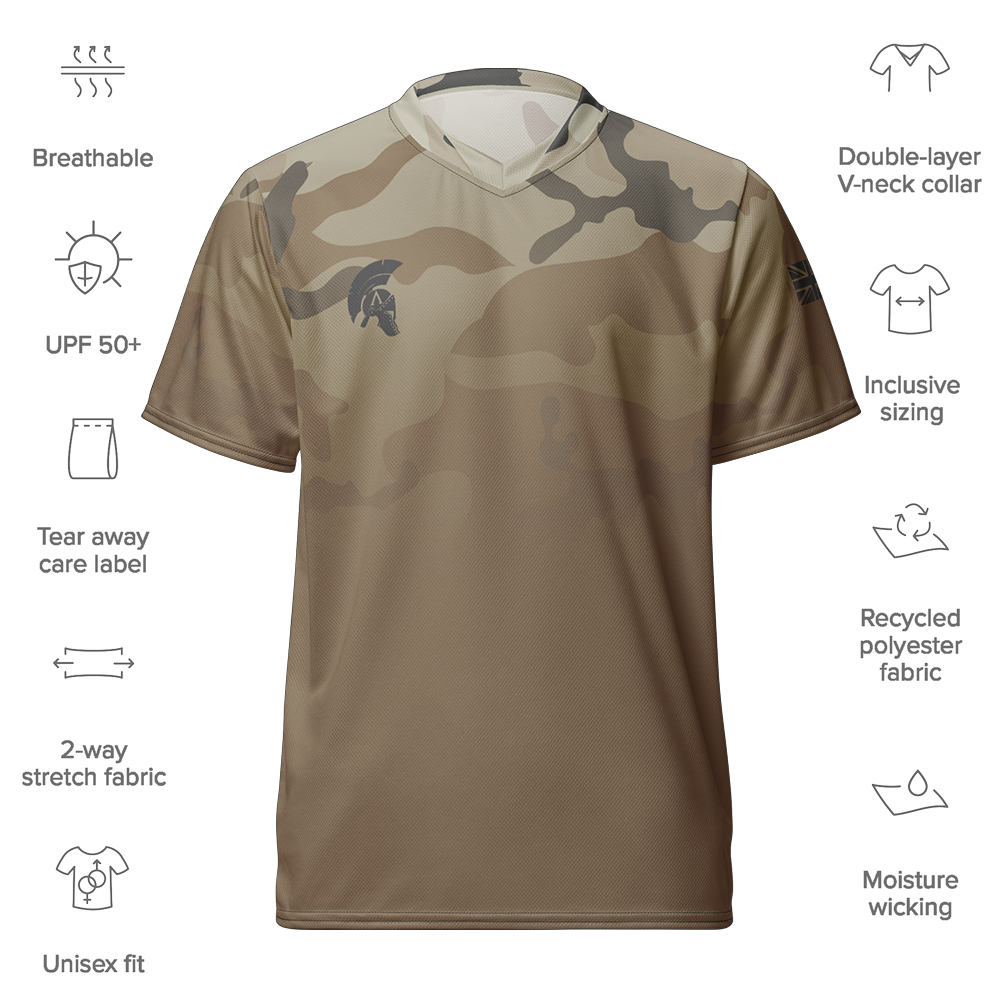 Front view of desert storm camo fade short sleeve unisex fit Performance Jersey by Achilles Tactical Clothing Brand with details