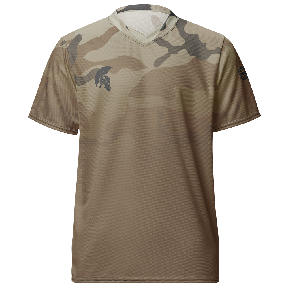 Front view of desert storm camo fade short sleeve unisex fit Performance Jersey by Achilles Tactical Clothing Brand