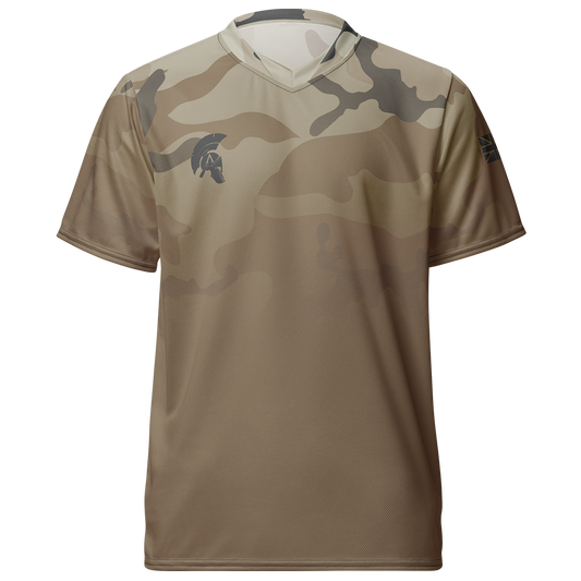 Front view of desert storm camo fade short sleeve unisex fit Performance Jersey by Achilles Tactical Clothing Brand