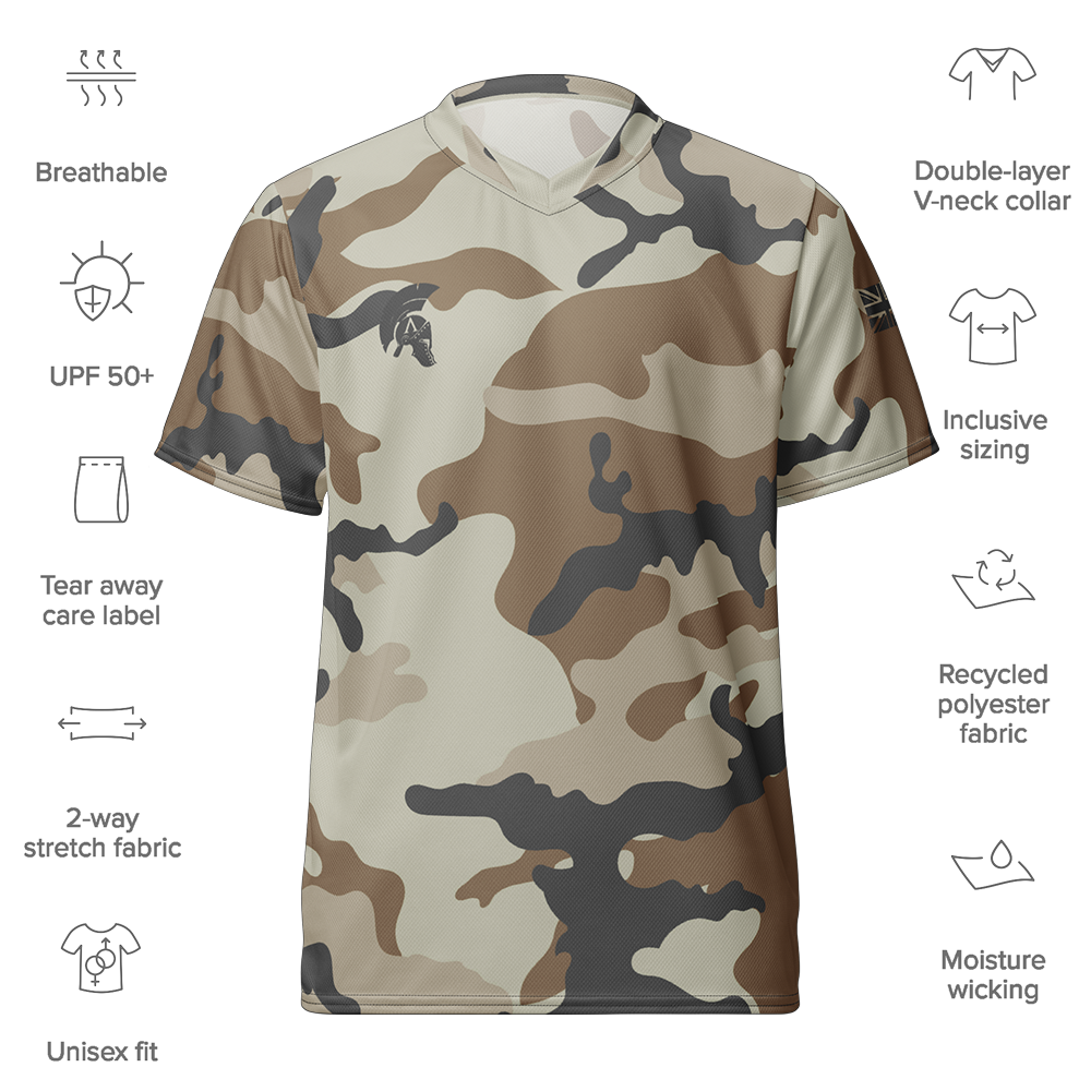 Front view of desert storm camo short sleeve unisex fit Performance Jersey by Achilles Tactical Clothing Brand with details