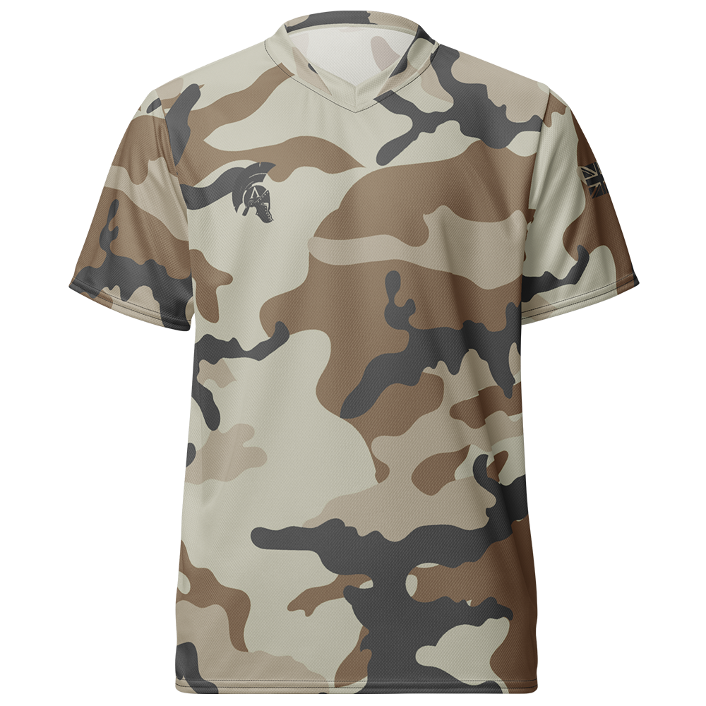 Front view of desert storm camo short sleeve unisex fit Performance Jersey by Achilles Tactical Clothing Brand