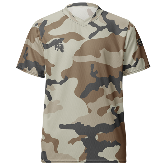 Front view of desert storm camo short sleeve unisex fit Performance Jersey by Achilles Tactical Clothing Brand