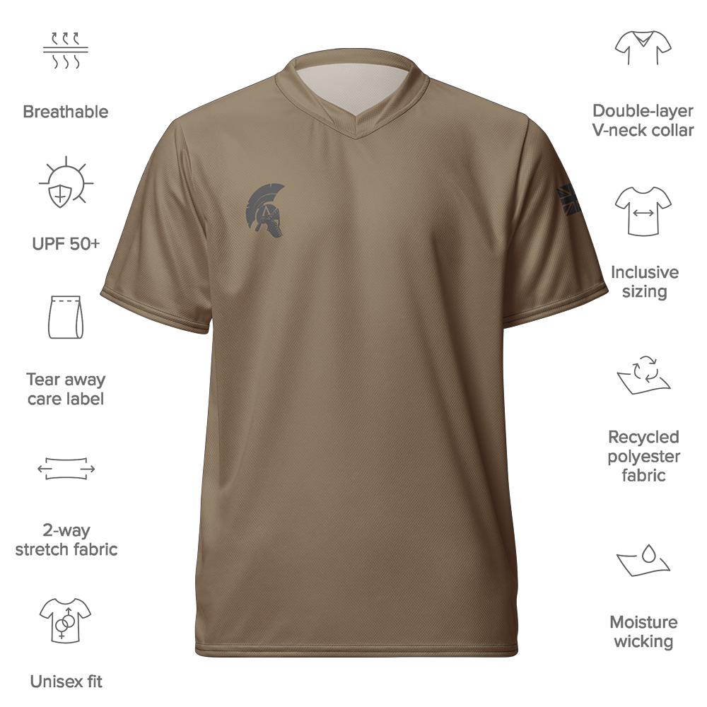 Front view of desert storm short sleeve unisex fit Performance Jersey by Achilles Tactical Clothing Brand with details