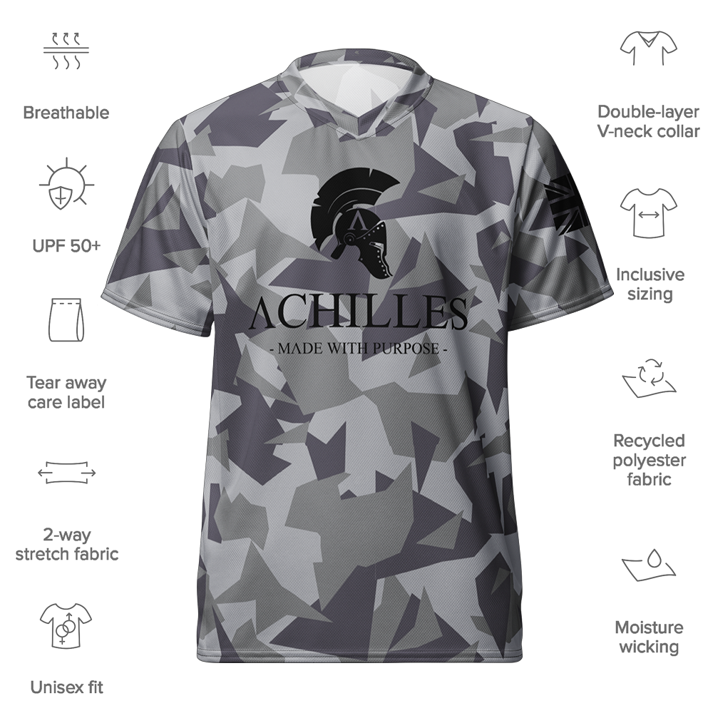 Front view of Geo Grey Cam short sleeve unisex fit Performance Jersey by Achilles Tactical Clothing Brand printed with Black Signature design with Details