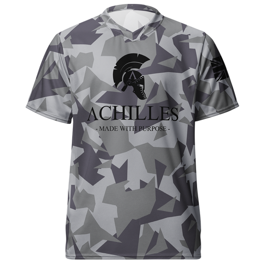 Front view of Geo Grey Cam short sleeve unisex fit Performance Jersey by Achilles Tactical Clothing Brand printed with Black Signature design