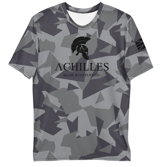 Front view of Geo Grey Cam short sleeve unisex fit athletic Tee by Achilles Tactical Clothing Brand printed with black Signature design across chest