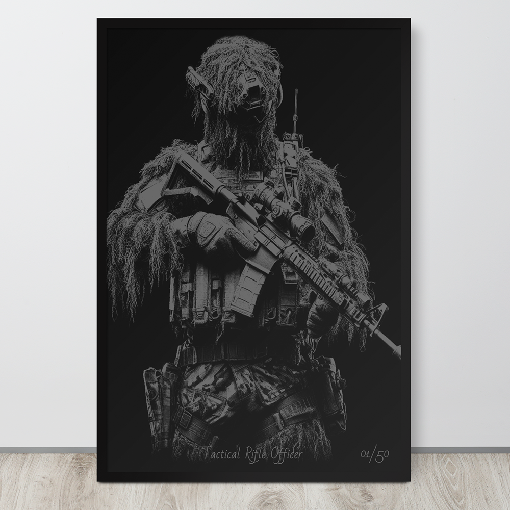 Front view of limited edition framed art print with black wood frame sat on floor against the wall from Achilles Tactical Clothing Brand Tactical Rifle Officer 1 of 50