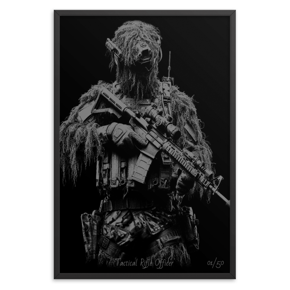 Front view of limited edition framed art print with black wood frame from Achilles Tactical Clothing Brand Tactical Rifle Officer 1 of 50