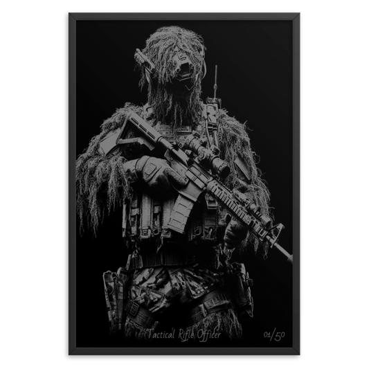 Front view of limited edition framed art print with black wood frame from Achilles Tactical Clothing Brand Tactical Rifle Officer 1 of 50