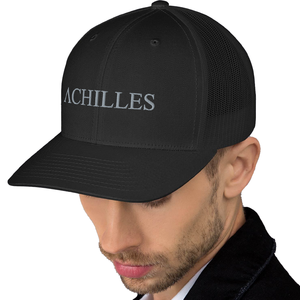 Front left view of man wearing Achilles mesh snap back embroidered achilles black cap