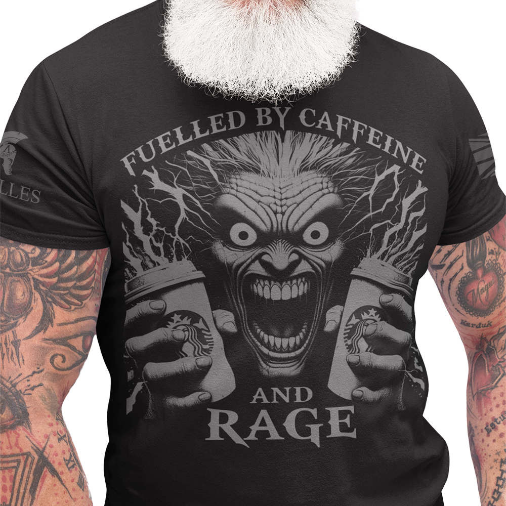 Front view of man wearing Black short sleeve classic cotton unisex fit T-Shirt by Achilles Tactical Clothing Brand with screen printed Caffeine and Rage design