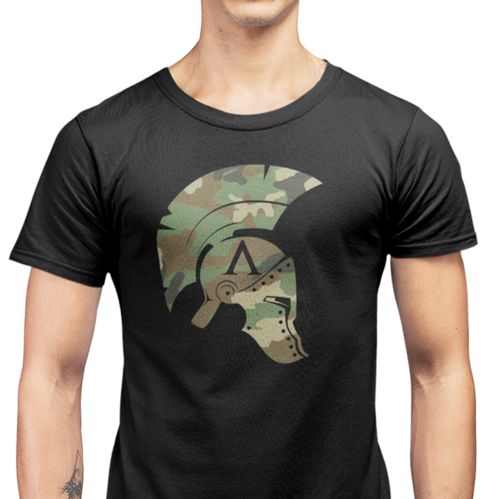 Front view of man wearing Black short sleeve classic cotton unisex fit T-Shirt by Achilles Tactical Clothing Brand with screen printed DPM Camo Icon design