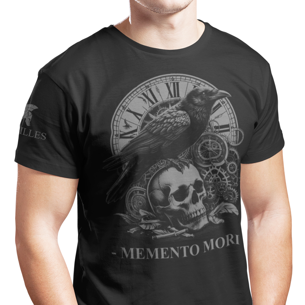 Front view of man wearing Black short sleeve classic cotton unisex fit T-Shirt by Achilles Tactical Clothing Brand with screen printed Memento Mori design