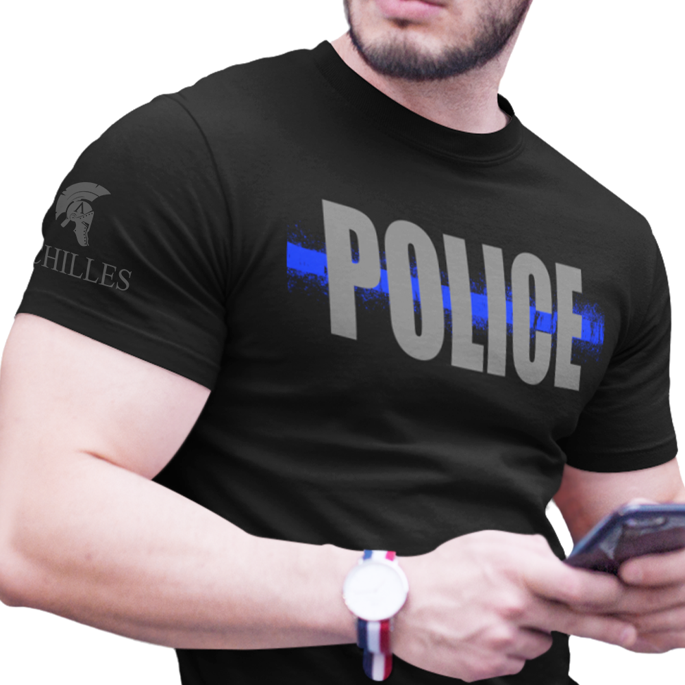 Front view of man wearing Black short sleeve classic cotton unisex fit T-Shirt by Achilles Tactical Clothing Brand with screen printed Police Thin Blue Line design