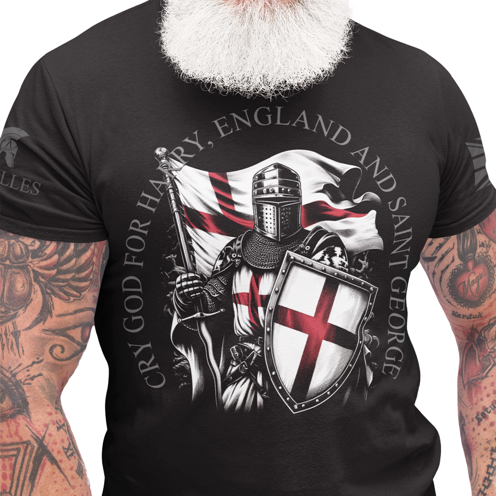 Front view of man wearing Black short sleeve classic cotton unisex fit T-Shirt by Achilles Tactical Clothing Brand with screen printed Saint George design