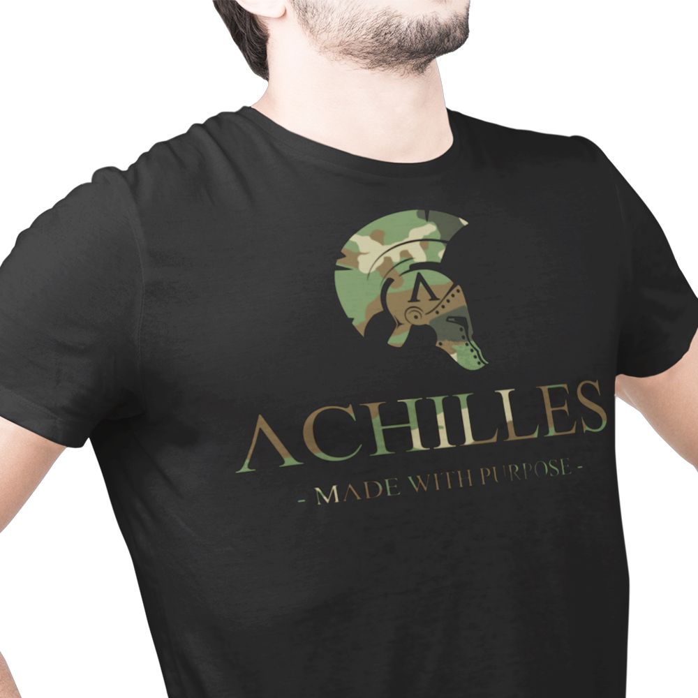 Front view of man wearing Black short sleeve classic cotton unisex fit T-Shirt by Achilles Tactical Clothing Brand with screen printed DPM Camo Signature design
