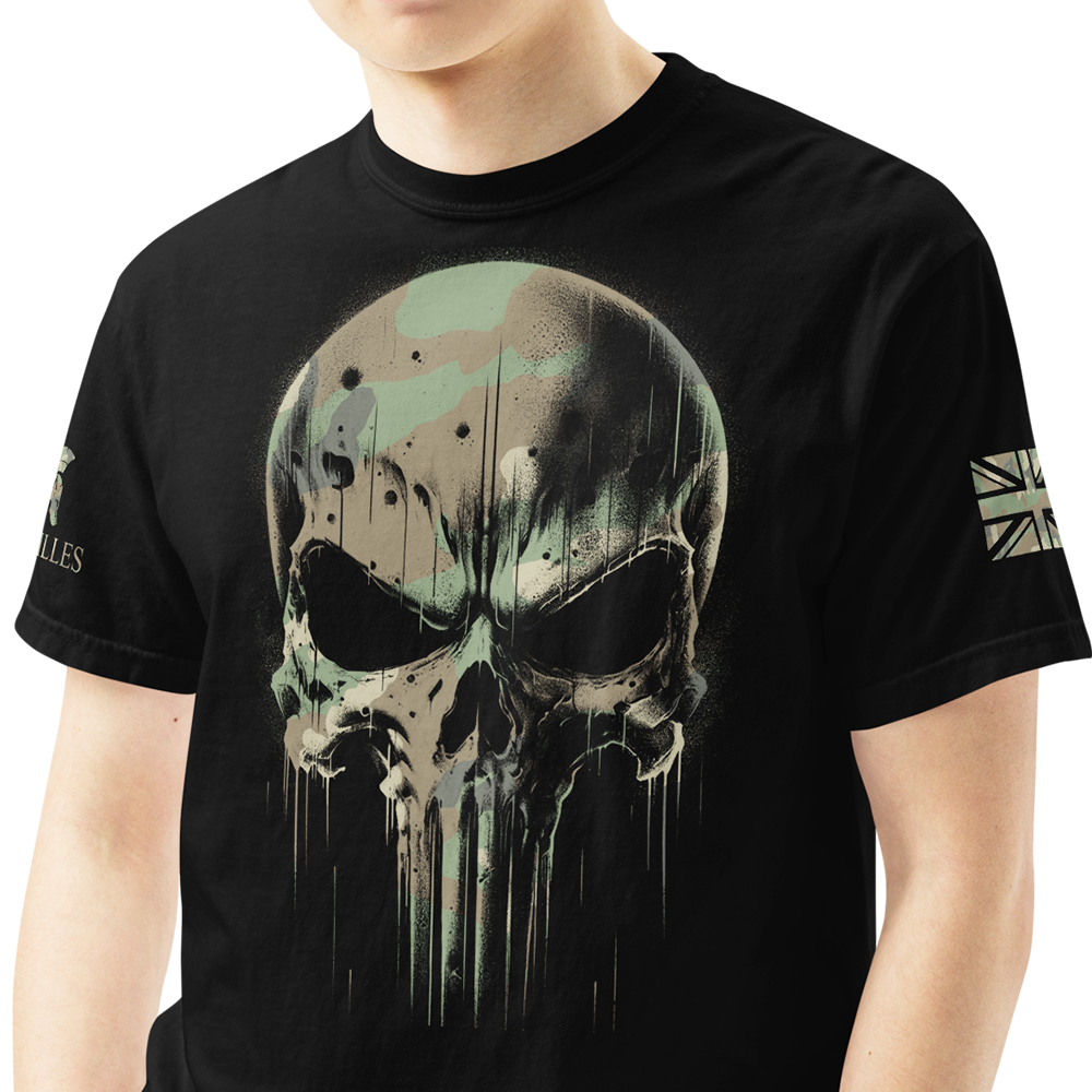 Front view of man wearing Black short sleeve classic cotton unisex fit T-Shirt by Achilles Tactical Clothing Brand with screen printed DPM Camo skull design