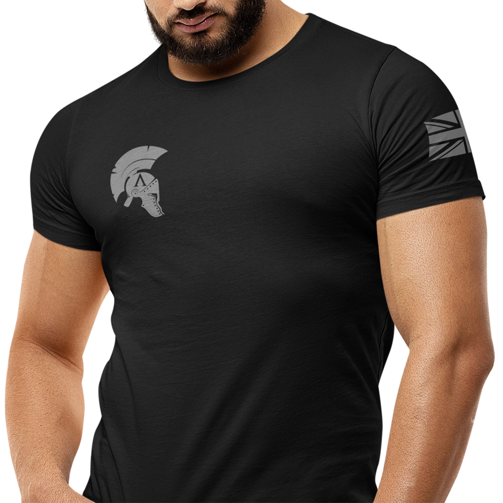 Front view of man wearing black short sleeve unisex fit original T-Shirt by Achilles Tactical Clothing Brand Alpha design