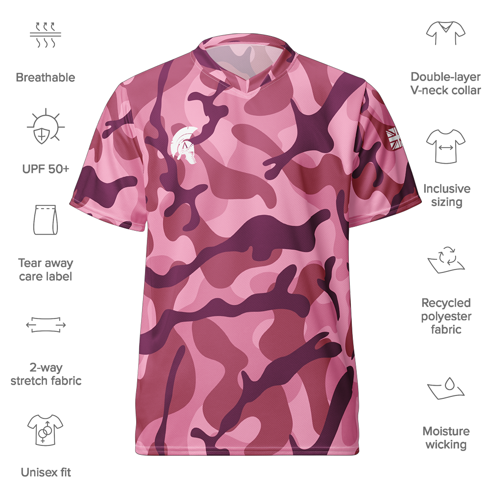 Front view of pink mist camo short sleeve unisex fit Performance Jersey by Achilles Tactical Clothing Brand with details