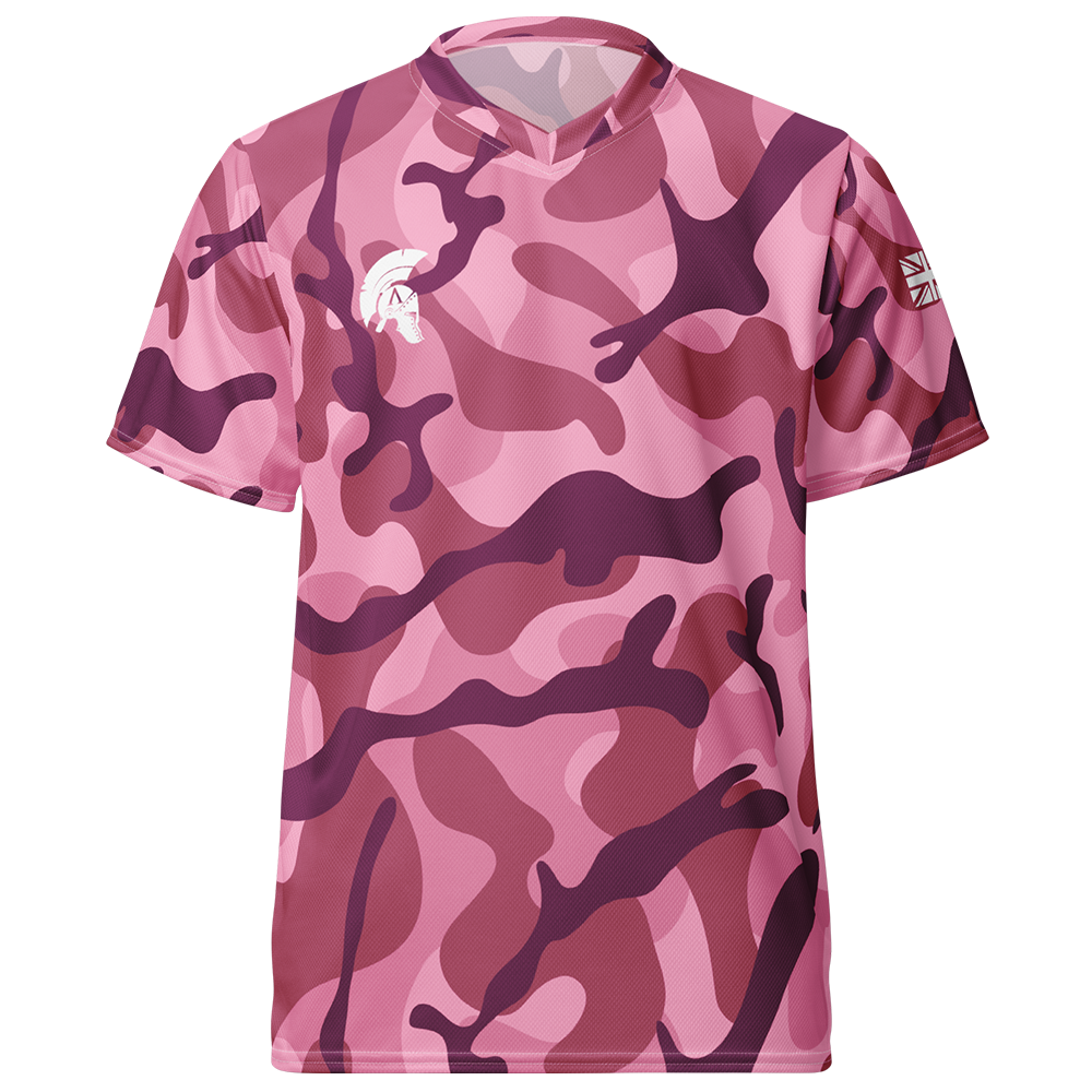 Front view of pink mist camo short sleeve unisex fit Performance Jersey by Achilles Tactical Clothing Brand