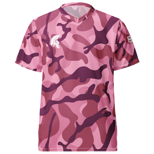 Front view of pink mist camo short sleeve unisex fit Performance Jersey by Achilles Tactical Clothing Brand