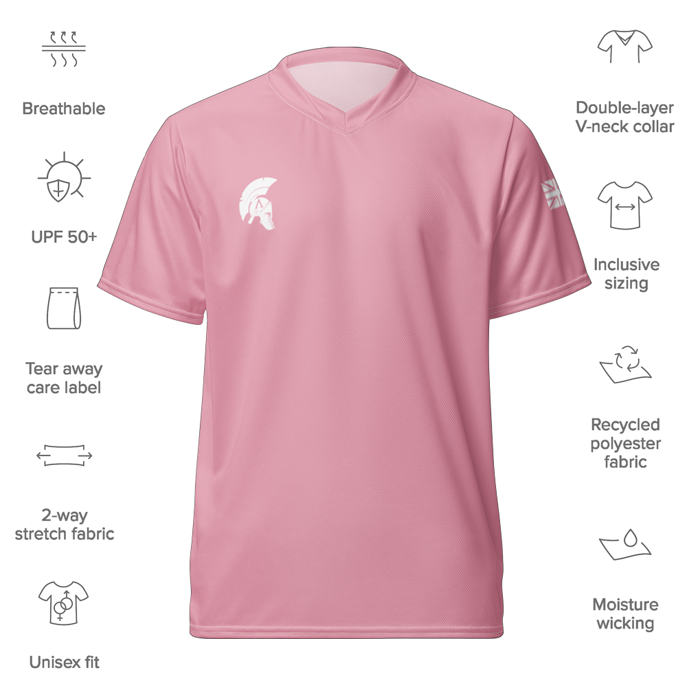 Front view of Pink Mist short sleeve unisex fit Performance Jersey by Achilles Tactical Clothing Brand with details