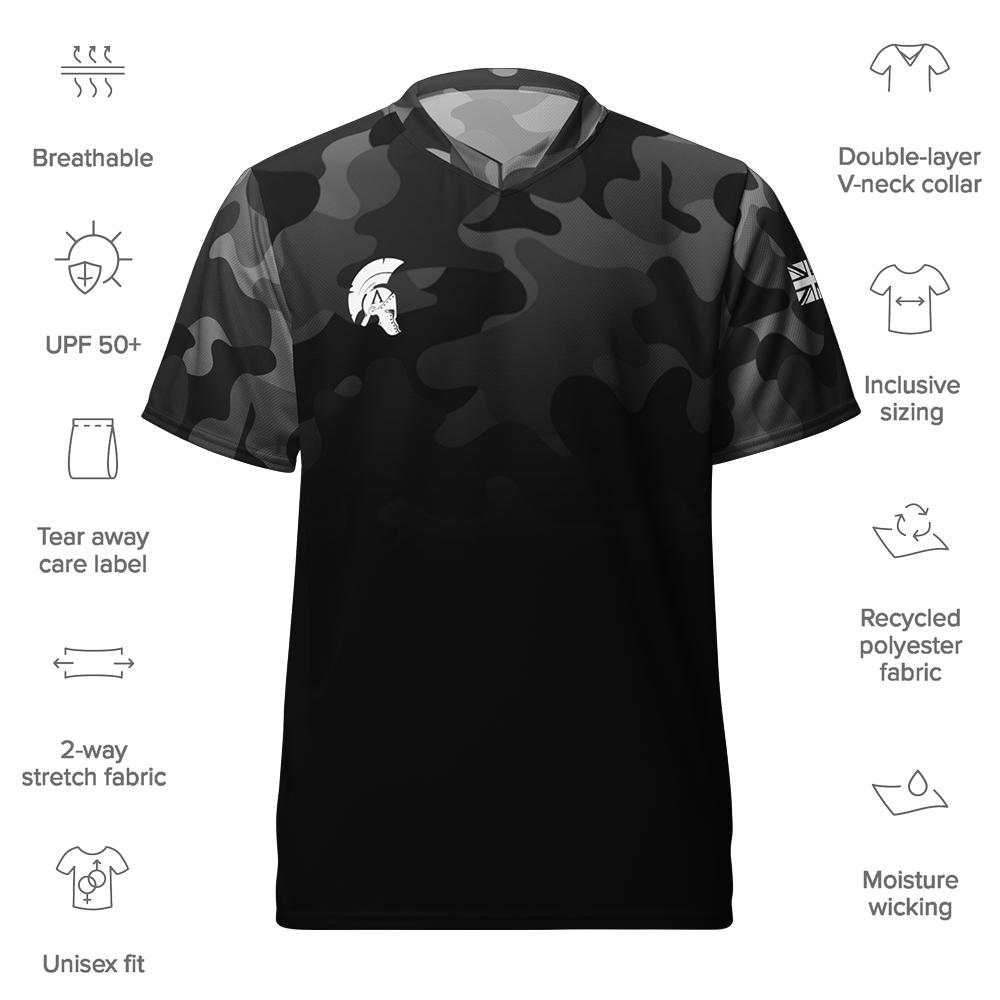 Front view of shadow camo-fade short sleeve unisex fit Performance Jersey by Achilles Tactical Clothing Brand with details