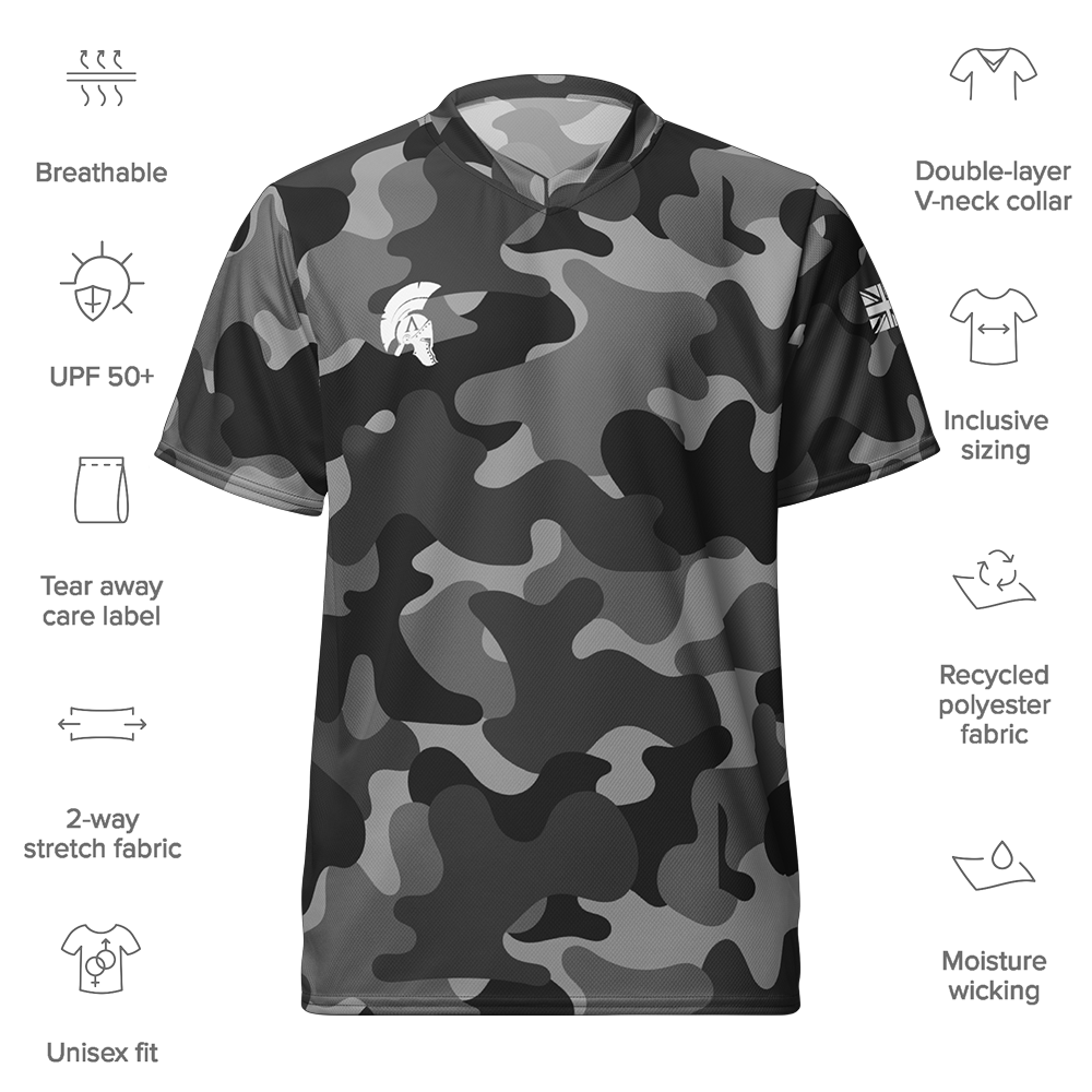 Front view of shadow camo short sleeve unisex fit Performance Jersey by Achilles Tactical Clothing Brand with details