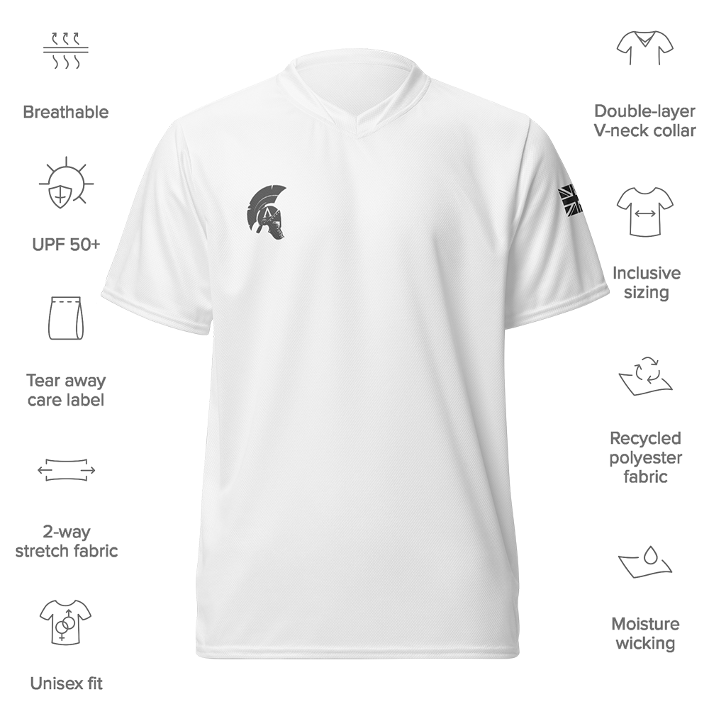 Front view of White short sleeve unisex fit Performance Jersey by Achilles Tactical Clothing Brand with details