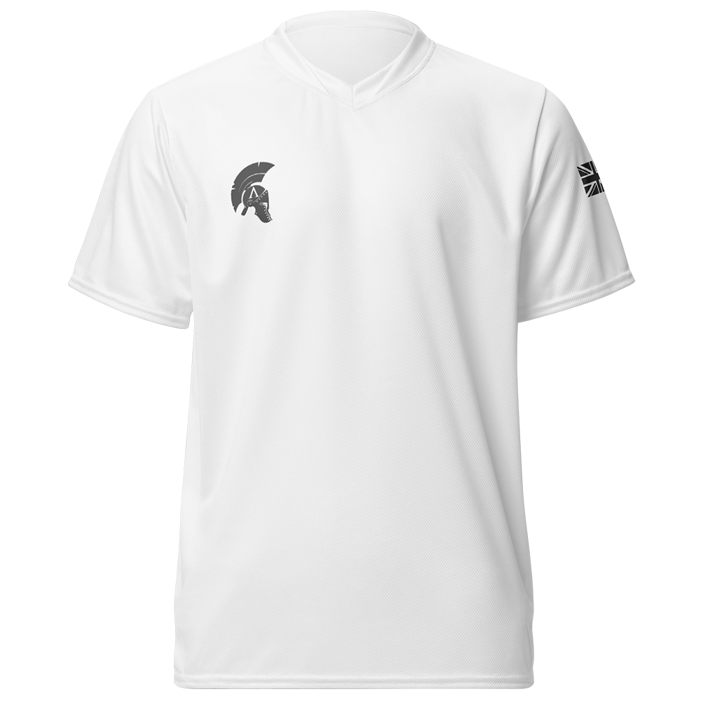 Front view of White short sleeve unisex fit Performance Jersey by Achilles Tactical Clothing Brand